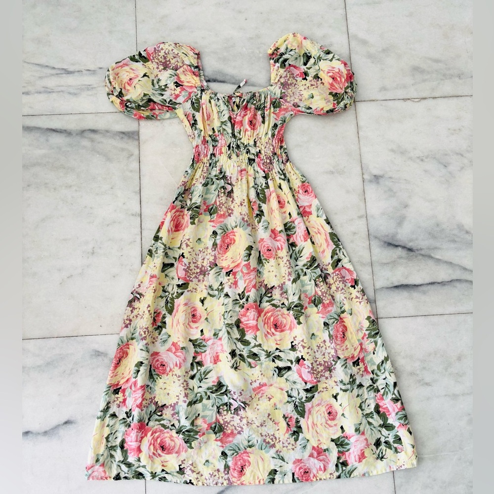Faithfull The Brand Floral Dress Midi Smocked Puff Sleeve Linen Womens 6 Cottage